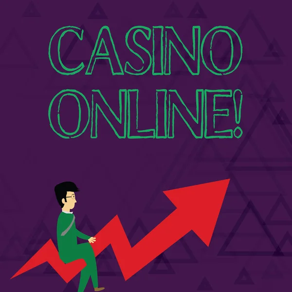 Writing note showing Casino Online. Business photo showcasing gamblers can play and wager on casino games through online Businessman with Eyeglasses Riding Crooked Arrow Pointing Up. — Stock Photo, Image