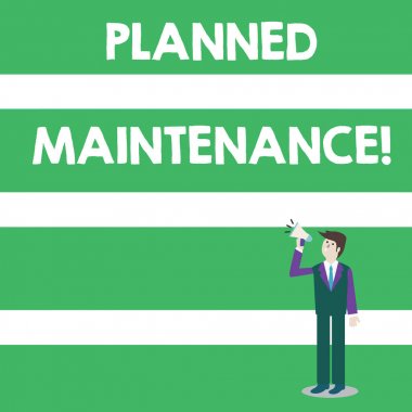 Planlı Bakım'ı gösteren metin işareti. Kavramsal fotoğraf reventive bakım sabit bir plan İşadamı Looking Up, Holding ve Volume Icon ile Megafon üzerinde Talking üzerinde temel yürütülen.