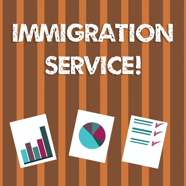 Text sign showing Immigration Service. Conceptual photo responsible for law regarding immigrants and immigration Presentation of Bar, Data and Pie Chart Diagram Graph Each on White Paper.