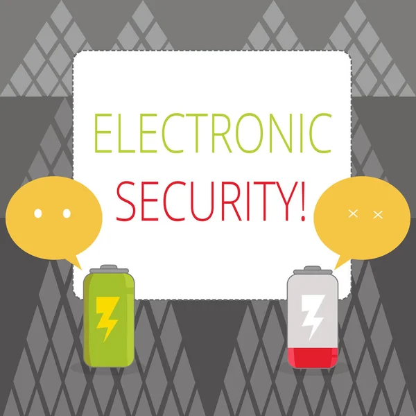 Text sign showing Electronic Security. Conceptual photo electronic equipment that perform security operations Fully Charged and Discharged Battery with Two Colorful Emoji Speech Bubble. — Stock Photo, Image
