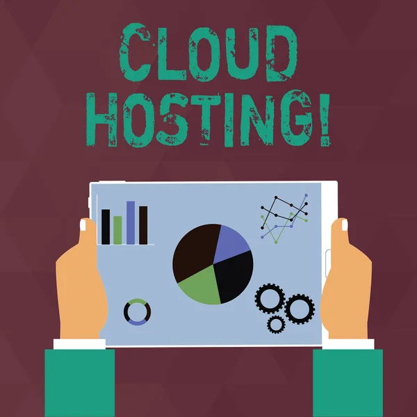 Escrita à mão texto escrevendo Cloud Hosting. Conceito que significa a alternativa para hospedar sites em servidores individuais Mãos Segurando Tablet com ícones de driver Search Engine Optimization na tela . — Fotografia de Stock