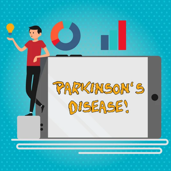 Το σημάδι που δείχνει Πάρκινσον είναι ασθένεια. Εννοιολογική διαταραχή του νευρικού συστήματος φωτογραφία που επηρεάζει την κίνηση Ο άνθρωπος ακουμπά στο κενό Smartphone γύρισε από την πλευρά του με γράφημα και εικονίδιο Ιδέα. — Φωτογραφία Αρχείου