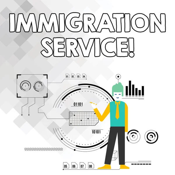 Texto escrito por Word Servicio de Inmigración. Concepto de negocio responsable de la ley con respecto a los inmigrantes y la inmigración Man Standing Holding Pen Señalando Gráfico Diagrama con Iconos de Proceso SEO . — Foto de Stock