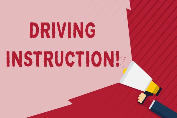 Handwriting text writing Driving Instruction. Concept meaning detailed information on how driving should be done Hand Holding Megaphone with Blank Wide Beam for Extending the Volume Range.