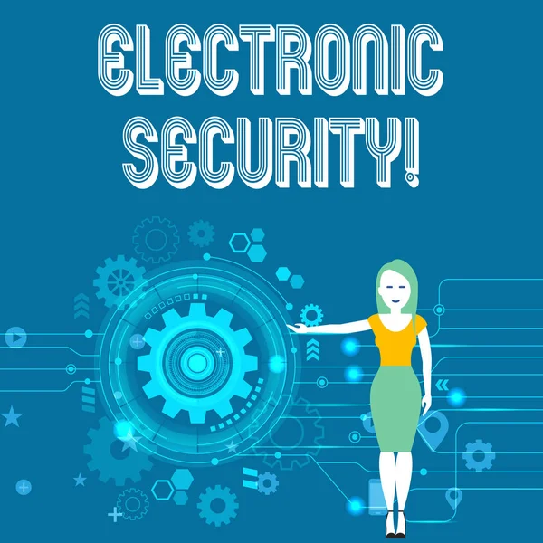 Text sign showing Electronic Security. Conceptual photo electronic equipment that perform security operations Woman Standing and Presenting the SEO Process with Cog Wheel Gear inside. — Stock Photo, Image