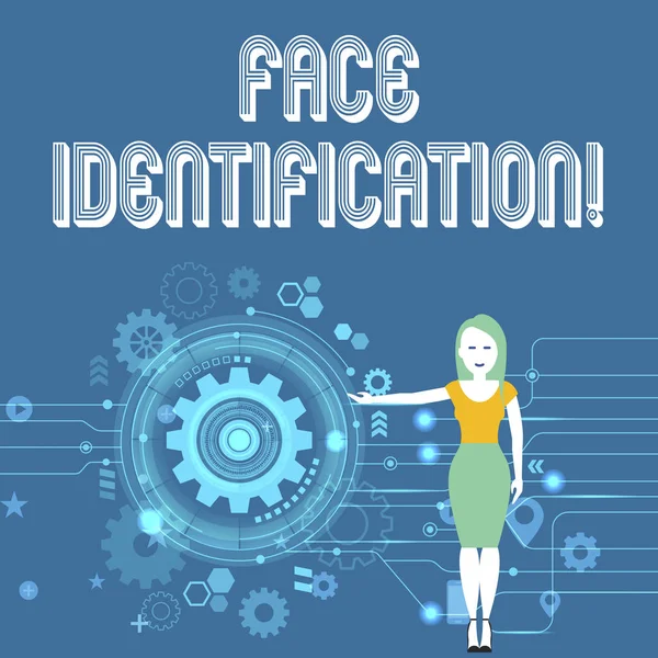 顔の識別を示すテキスト記号。デモンストレーションに基づく概念写真分析パターンは、顔の輪郭女性が立って、内部の歯車のギアでSeoプロセスを提示しています. — ストック写真