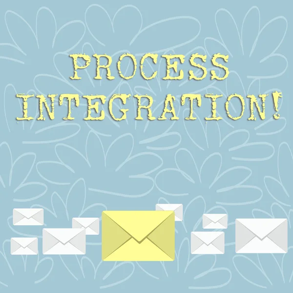 Writing note showing Process Integration. Business photo showcasing sharing of data and events between business processes Color Envelopes in Different Sizes with Big one in Middle.