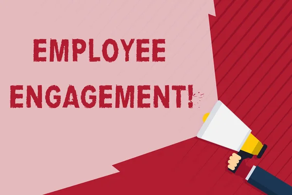 Handwriting text writing Employee Engagement. Concept meaning relationship between an organization and its employees Hand Holding Megaphone with Blank Wide Beam for Extending the Volume Range.