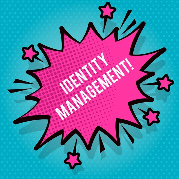 Sinal de texto mostrando Identity Management. Administração conceitual de fotos de identidades individuais dentro de um sistema Spiky Blank Fight and Screaming Angry Speech Bubble com Thick Dark Outline . — Fotografia de Stock