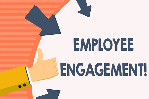 Word writing text Employee Engagement. Business concept for relationship between an organization and its employees Hand Gesturing Thumbs Up and Holding on Blank Space Round Shape with Arrows. — 스톡 사진