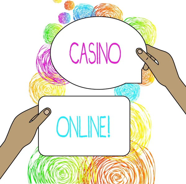 Casino Online gösteren kavramsal el yazısı. Kumarbazlar online üzerinden casino oyunları oynayıp bahis iş fotoğraf vitrin. — Stok fotoğraf