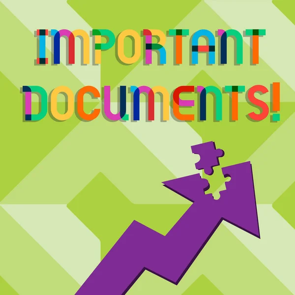 Handwriting text writing Important Documents. Concept meaning more official pieces of paper with writing on them Colorful Arrow Pointing Upward with Detached Part Like Jigsaw Puzzle Piece. — Stock Photo, Image