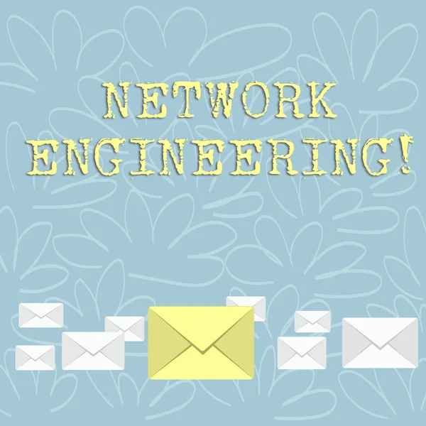 Writing note showing Network Engineering. Business photo showcasing field concerned with internetworking service requirement Color Envelopes in Different Sizes with Big one in Middle.