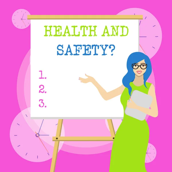 健康と安全に関する質問を示す概念的な手書き。事故や怪我を防ぐためのビジネス写真テキスト規制と手順. — ストック写真