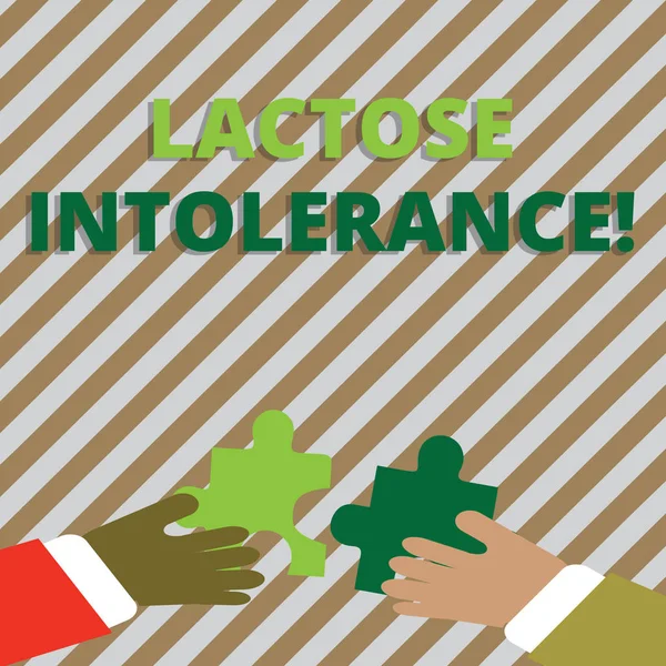 Tekst teken dat lactose-intolerantie toont. Conceptuele foto spijsvertering probleem waar lichaam is niet in staat om te verteren lactose twee handen houden kleurrijke puzzelstukjes over om de tegels te vergrendelen. — Stockfoto