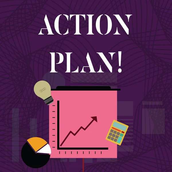 Text sign showing Action Plan. Conceptual photo proposed strategy or course of actions for certain time Investment Icons of Pie and Line Chart with Arrow Going Up, Bulb, Calculator.