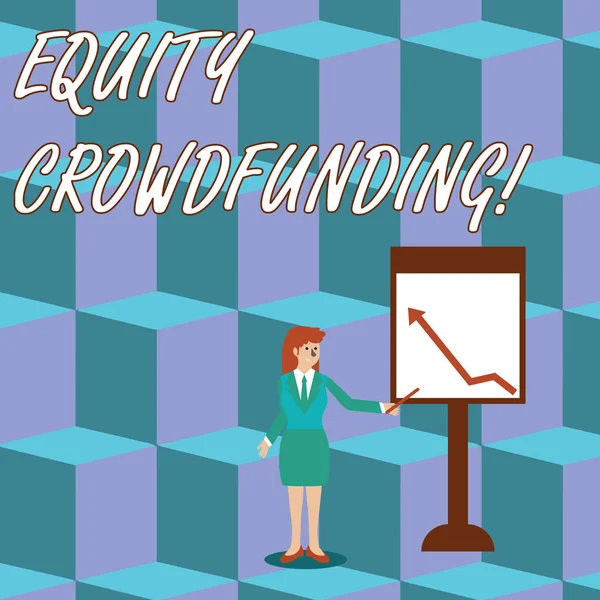 Handgeschreven tekst equity crowdfunding. Concept betekenis aantrekken van kapitaal gebruikt door startups en earlystage bedrijf zakenvrouw vasthouden van stok wijzend naar het diagram van pijl omhoog op whiteboard. — Stockfoto