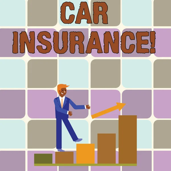 手写文字写汽车保险。概念意味着在发生事故时防止财务损失 微笑商人攀爬彩色条形图跟随箭头上升. — 图库照片