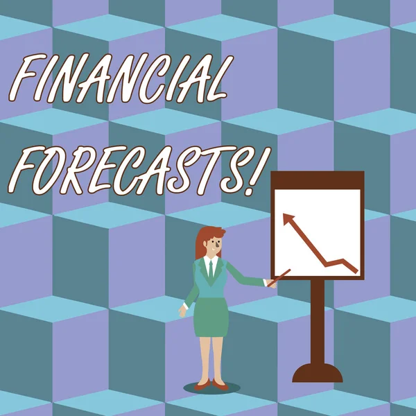 Handwriting text Financial Forecasts. Concept meaning estimate of future financial outcomes for a company Businesswoman Holding Stick Pointing to Chart of Arrow Upward on Whiteboard.