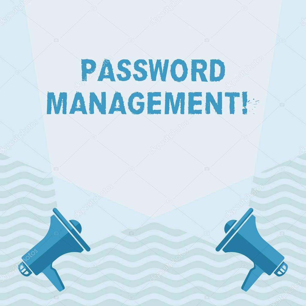 Handwriting text writing Password Management. Concept meaning software used to help users better analysisage passwords Blank Double Spotlight Crisscrossing Upward from Two Megaphones on the Floor.
