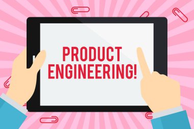 Kelime yazma Yazma Mühendisliği. Bir aygıt ya da sistem geliştirme süreci için iş konsepti İş adamı El Tutuşu, Renkli Tablet Boş Ekranı Gösterme ve Dokunma.