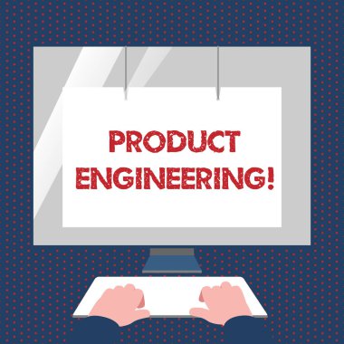 Ürün Mühendisliği gösteren kavramsal el yazısı. Ekran Koruyucusu ile Klavye Ön Beyaz Monitörde Bir cihaz veya sistem Eller tasarlama ve geliştirme nin fotoğraflı metin süreci.