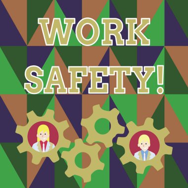 İş Güvenliğini gösteren metin işareti. Kavramsal fotoğraf politikaları ve çalışanların sağlığını sağlamak için uygulanan prosedürler İki İş Adamları Her İç renkli Dişli Dişliler Takım Çalışması Olay için.