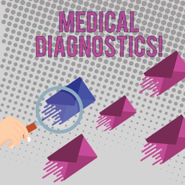 Tıbbi Teşhis gösteren kavramsal el yazısı. İş fotoğraf metin Renk Zarf üzerinde tanı Büyüteç Cam bir belirti veya değer karakteristik ve diğerleri Aynı Gölge vardır.
