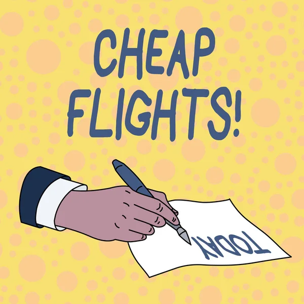 필기 텍스트 저렴한 항공편. 개념 의미는 평소보다 적은 비용 또는 예상 항공료보다 적은 비용. — 스톡 사진