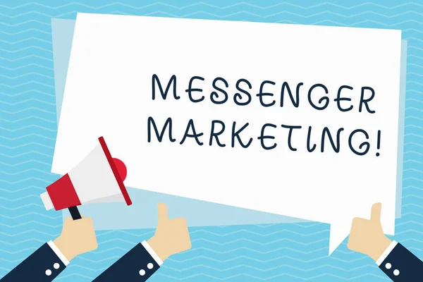 Conceptual hand writing showing Messenger Marketing. Business photo text act of marketing to your customers using a messaging app Hand Holding Megaphone and Gesturing Thumbs Up Text Balloon.