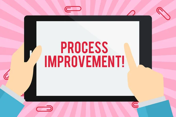 Word writing text Process Improvement. Business concept for ongoing effort to improve products services or processes Businessman Hand Holding, Pointing and Touching Colorful Tablet Blank Screen.