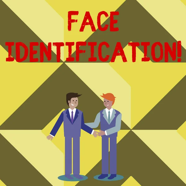 Conceptual hand writing showing Face Identification. Business photo text analyzing patterns based on the demonstrating s is facial contours Businessmen Smiling and Greeting each other by Handshaking. — Stock Photo, Image