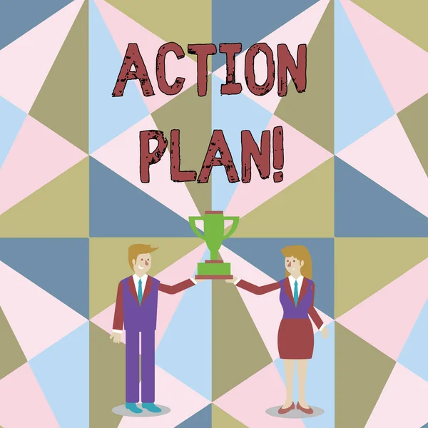 Word writing text Action Plan. Business concept for proposed strategy or course of actions for certain time Man and Woman in Business Suit Holding Together the Championship Trophy Cup.