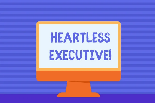 Conceptual hand writing showing Heartless Executive. Business photo showcasing workmate showing a lack of empathy or compassion Blank Desktop Computer Colorful Screen Freestanding on Table.
