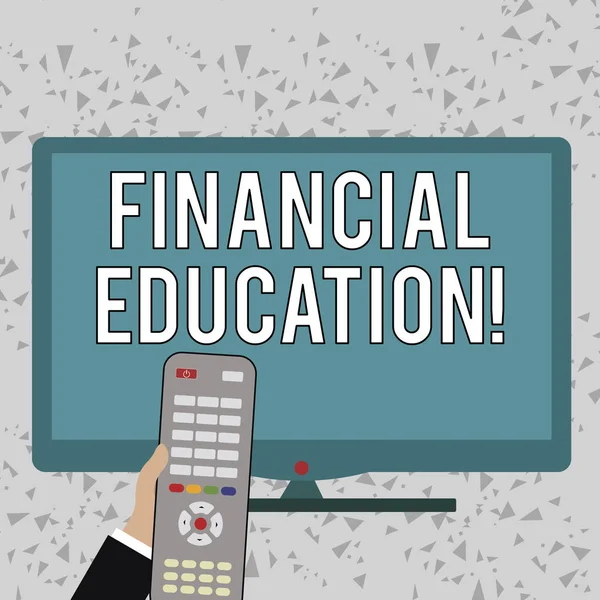 Word writing text Financial Education. Business concept for education and understanding of various financial areas Hand Holding Computer Remote Control infront of Blank Wide Color PC Screen.