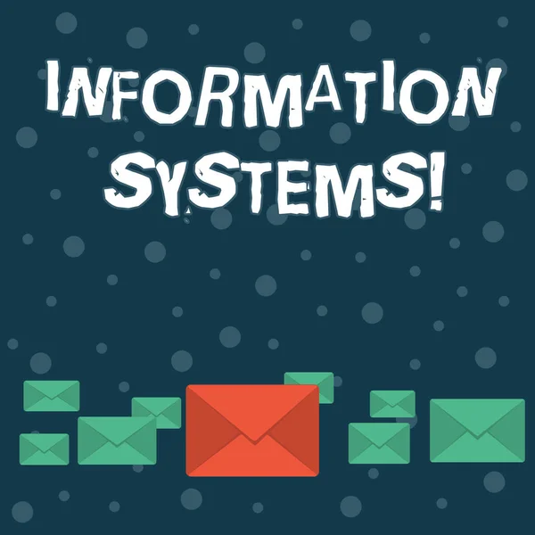Writing note showing Information Systems. Business photo showcasing study of systems with a exact reference to information Color Envelopes in Different Sizes with Big one in Middle.