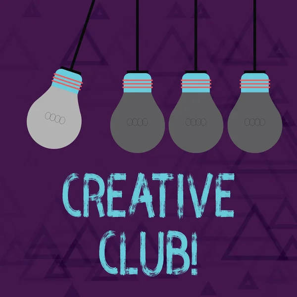 Writing note showing Creative Club. Business photo showcasing an organization that simulate interest in creative ideas Color Pendant Bulb Hanging with One Different Shade Lightbulb. — 스톡 사진