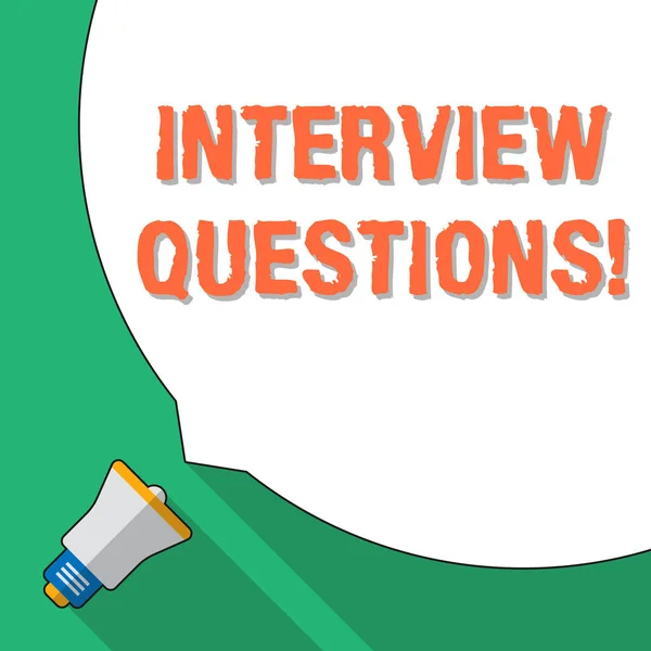Word writing text Interview Questions. Business concept for Typical topic being ask or inquire during an interview Huge Blank White Speech Bubble Occupying Half of Screen and Small Megaphone.