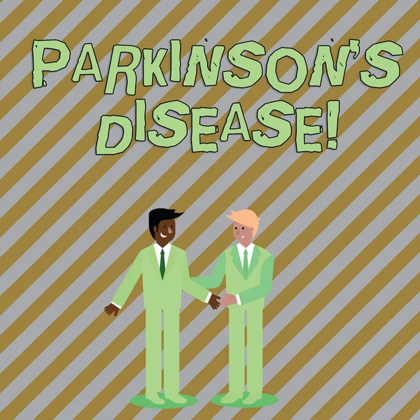 Texto escrito Parkinson S Is Disease. Conceito de negócio para a desordem do sistema nervoso que afeta o movimento Dois empresários em pé, sorrindo e cumprimentando uns aos outros por Handshaking . — Fotografia de Stock