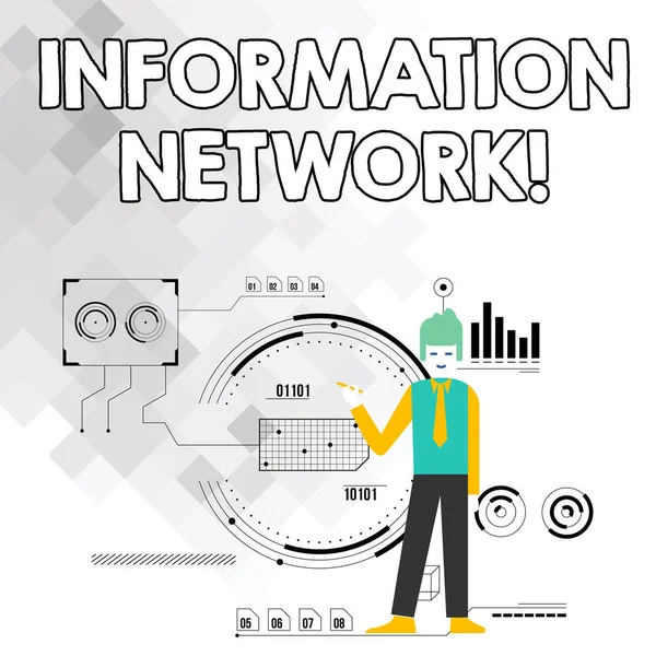 Texto para escrita de palavras Information Network. Conceito de negócio para computadores foram ligados entre si para compartilhar informações Man Standing Holding Pen Apontando para diagrama gráfico com ícones de processo de SEO . — Fotografia de Stock