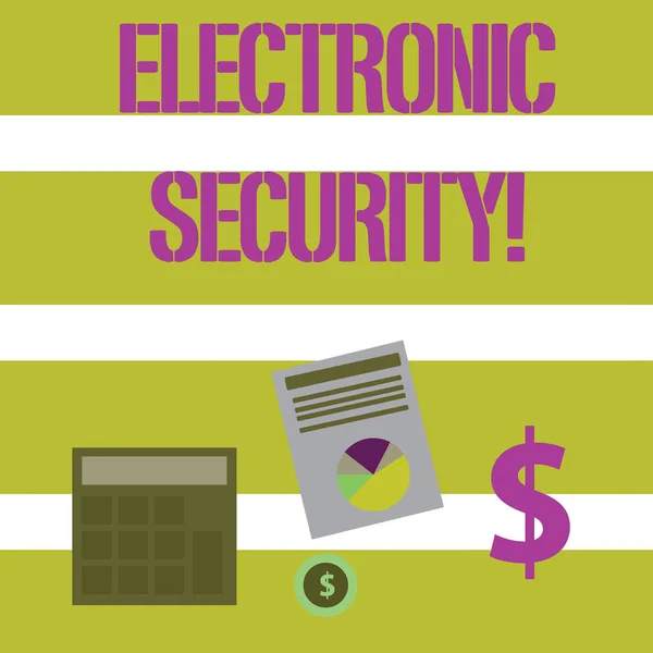 Text sign showing Electronic Security. Conceptual photo electronic equipment that perform security operations Computing Dollar Investment in Gold and Presenting Data thru Pie Chart Graph. — Stock Photo, Image