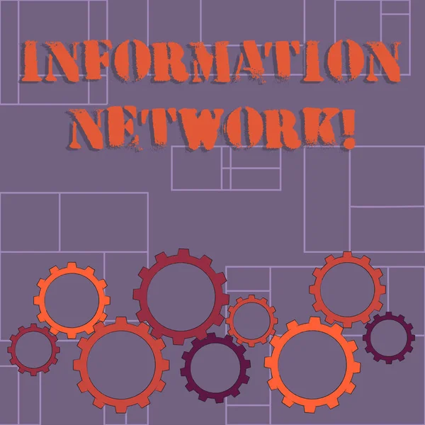 Text sign showing Information Network. Conceptual photo computers were linked together to share information Colorful Cog Wheel Gear Engaging, Interlocking and Tesselating Flat Style.