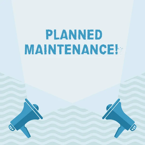 Handgeschreven tekst schrijven gepland onderhoud. Concept, wat betekent dat oorzorgsmaatregelen Maintenance gebaseerd is op een vast plan blank dubbele Spotlight crisscrossing opwaarts van twee megaphones op de vloer. — Stockfoto