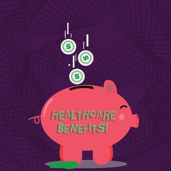 Text sign showing Healthcare Benefits. Conceptual photo use the health services without risk of financial ruin Color Piggy Bank Sideview and Dollar Currency Coins Falling Down to the Slit. — Stock Photo, Image