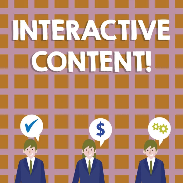 Conceptual hand writing showing Interactive Content. Business photo showcasing It requires the participants active engagement Businessmen has Speech Bubble with Optimization Cost Icons.