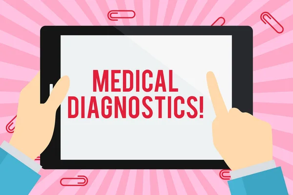 Word writing text Medical Diagnostics. Business concept for a symptom or characteristic of value in diagnosis Businessman Hand Holding, Pointing and Touching Colorful Tablet Blank Screen. — ストック写真