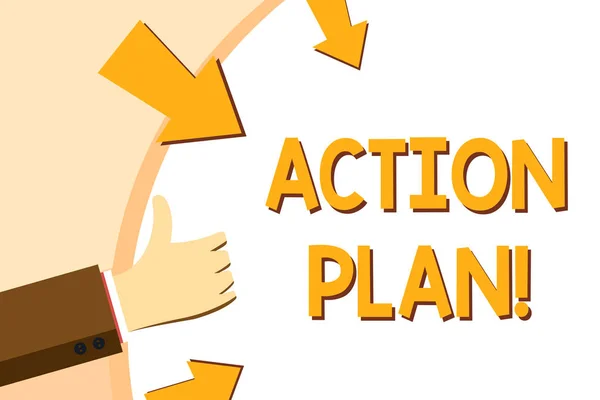 Writing note showing Action Plan. Business photo showcasing proposed strategy or course of actions for certain time Hand Gesturing Thumbs Up and Holding Round Shape with Arrows.