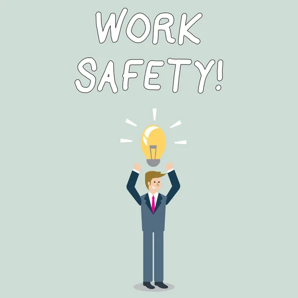 Word writing text Work Safety. Business concept for policies and procedures in place to ensure health of employees Businessman Standing Raising Arms Upward with Lighted Bulb Icon on his Head. — Stock Photo, Image