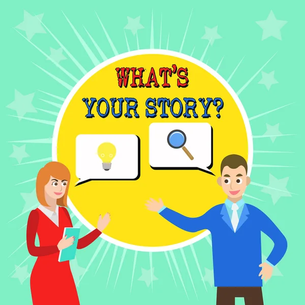 Schrijfbriefje met What S Your Story Question. Zakelijke foto presentatie vragen demonstreren over zijn verleden acties carrière of gebeurtenissen. — Stockfoto