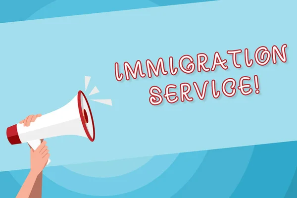 Text sign showing Immigration Service. Conceptual photo responsible for law regarding immigrants and immigration Human Hand Holding Tightly a Megaphone with Sound Icon and Blank Text Space.